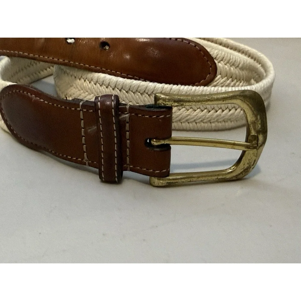 Vintage Torino brown leather belt 40 Solid Brass Buckle Woven‎ Beige Braided